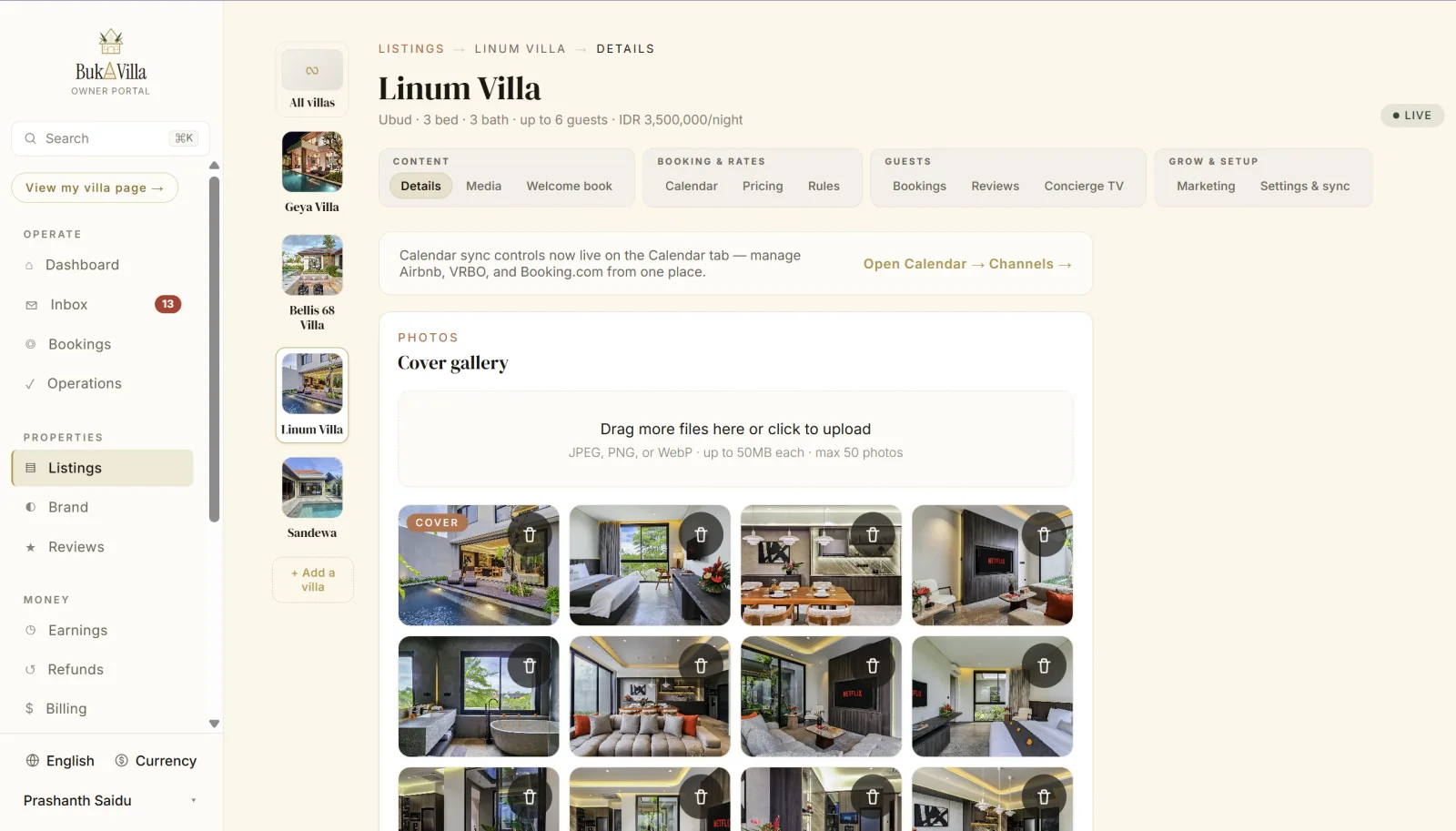 Bukavilla owner portal — every villa managed from one dashboard, with photos, pricing, availability, bookings, reviews and marketing per villa